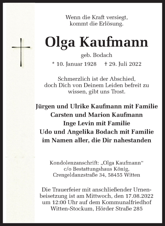 Traueranzeige von Olga Kaufmann 