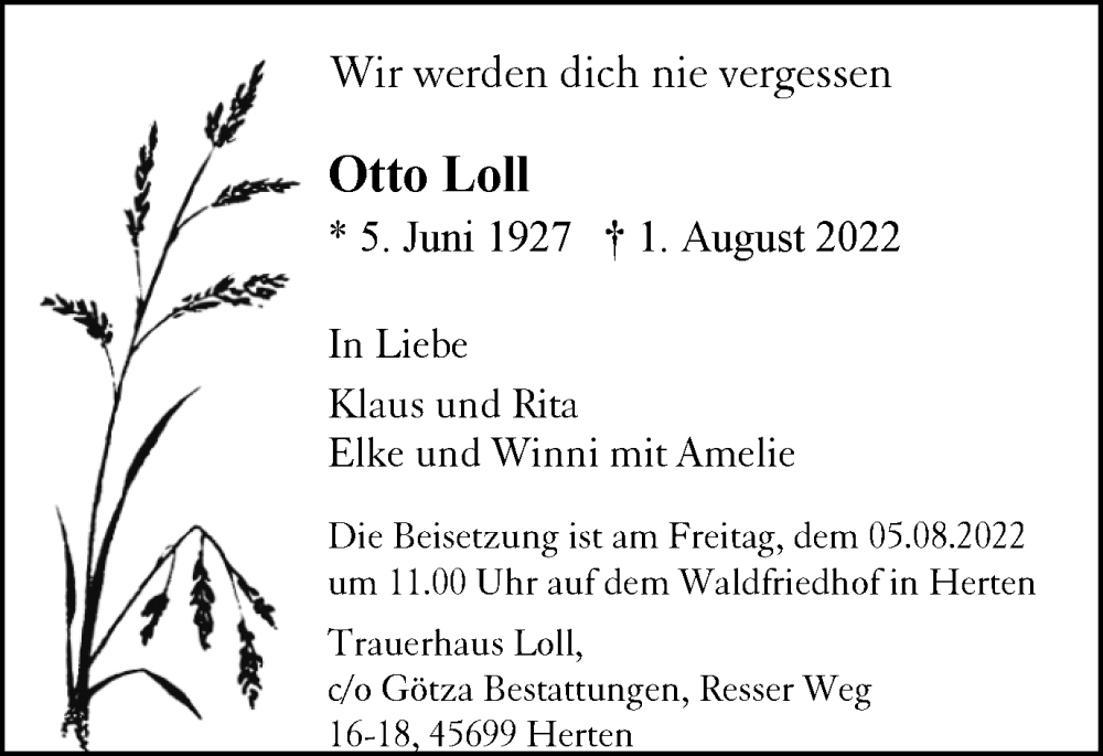  Traueranzeige für Otto Loll vom 04.08.2022 aus Medienhaus Bauer