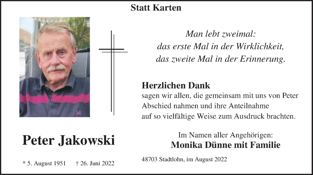  Traueranzeige für Peter Jakowski vom 05.08.2022 aus Münstersche Zeitung und Münsterland Zeitung