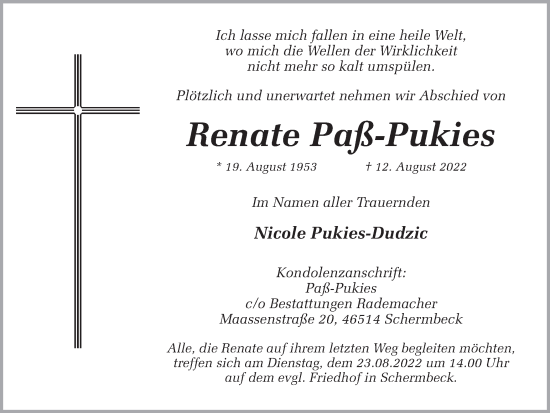Traueranzeige von Renate Paß-Pukies von Ruhr Nachrichten und Dorstener Zeitung