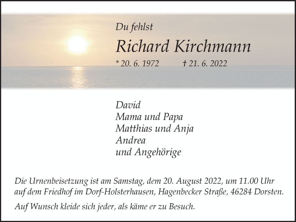  Traueranzeige für Richard Kirchmann vom 19.08.2022 aus Ruhr Nachrichten und Dorstener Zeitung