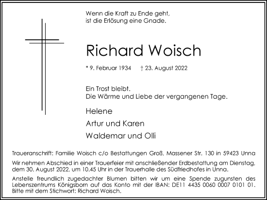 Traueranzeige von Richard Woisch von Hellweger Anzeiger