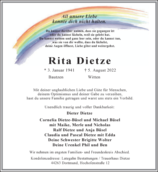 Traueranzeige von Rita Dietze 