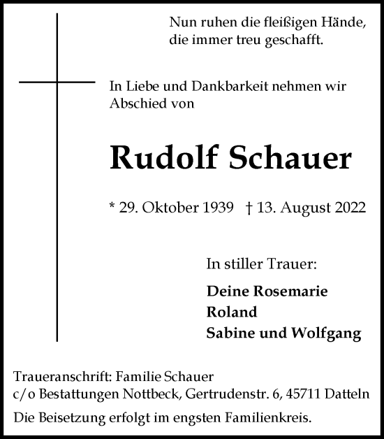 Traueranzeige von Rudolf Schauer von Medienhaus Bauer