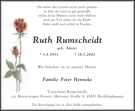 Traueranzeige von Ruth Rumscheidt von Medienhaus Bauer