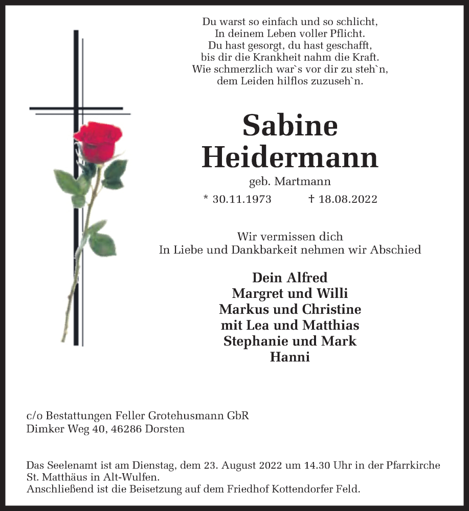  Traueranzeige für Sabine Heidermann vom 20.08.2022 aus Ruhr Nachrichten und Dorstener Zeitung