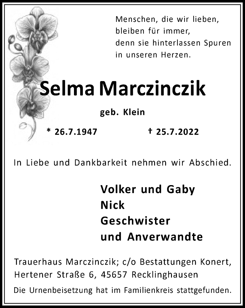 Traueranzeige für Selma Marczinczik vom 13.08.2022 aus Medienhaus Bauer