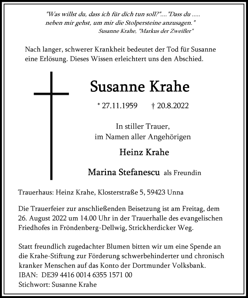 Traueranzeige für Susanne Krahe vom 24.08.2022 aus Hellweger Anzeiger