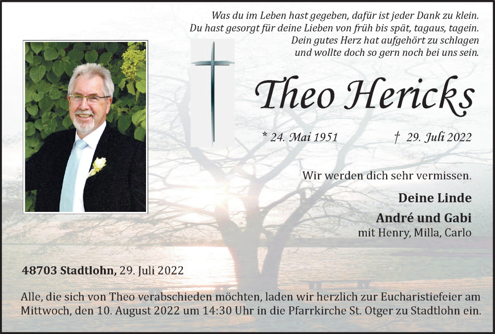  Traueranzeige für Theo Hericks vom 05.08.2022 aus Münstersche Zeitung und Münsterland Zeitung