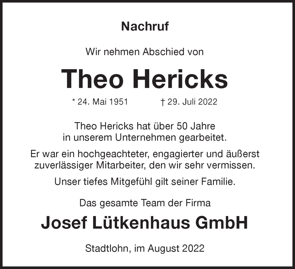  Traueranzeige für Theo Hericks vom 10.08.2022 aus Münstersche Zeitung und Münsterland Zeitung