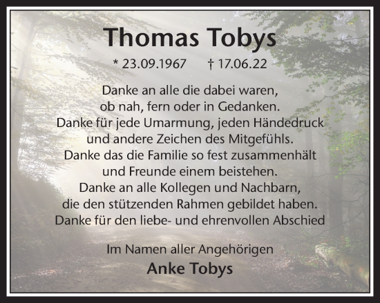 Traueranzeige von Thomas Tobys von Medienhaus Bauer