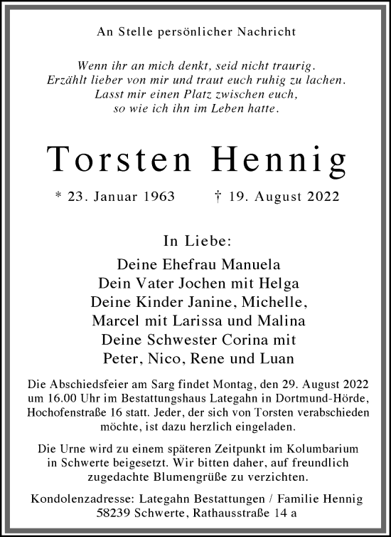 Traueranzeige von Torsten Hennig von Ruhr Nachrichten