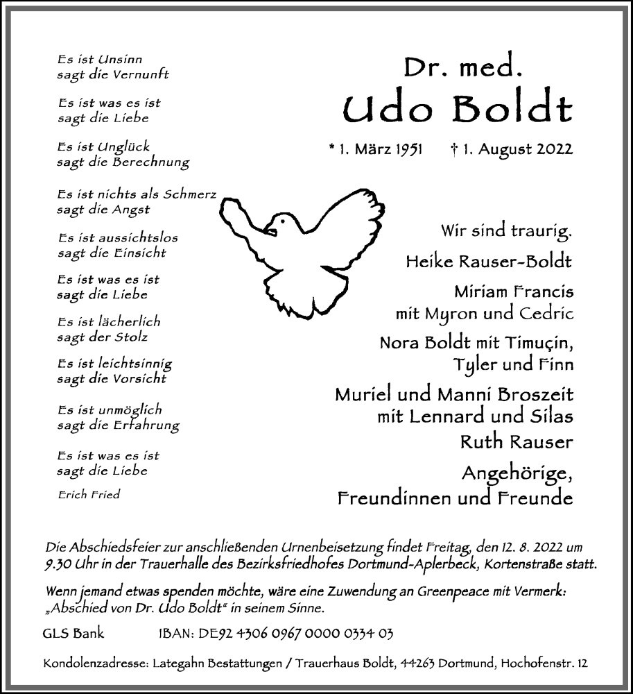  Traueranzeige für Udo Boldt vom 06.08.2022 aus 