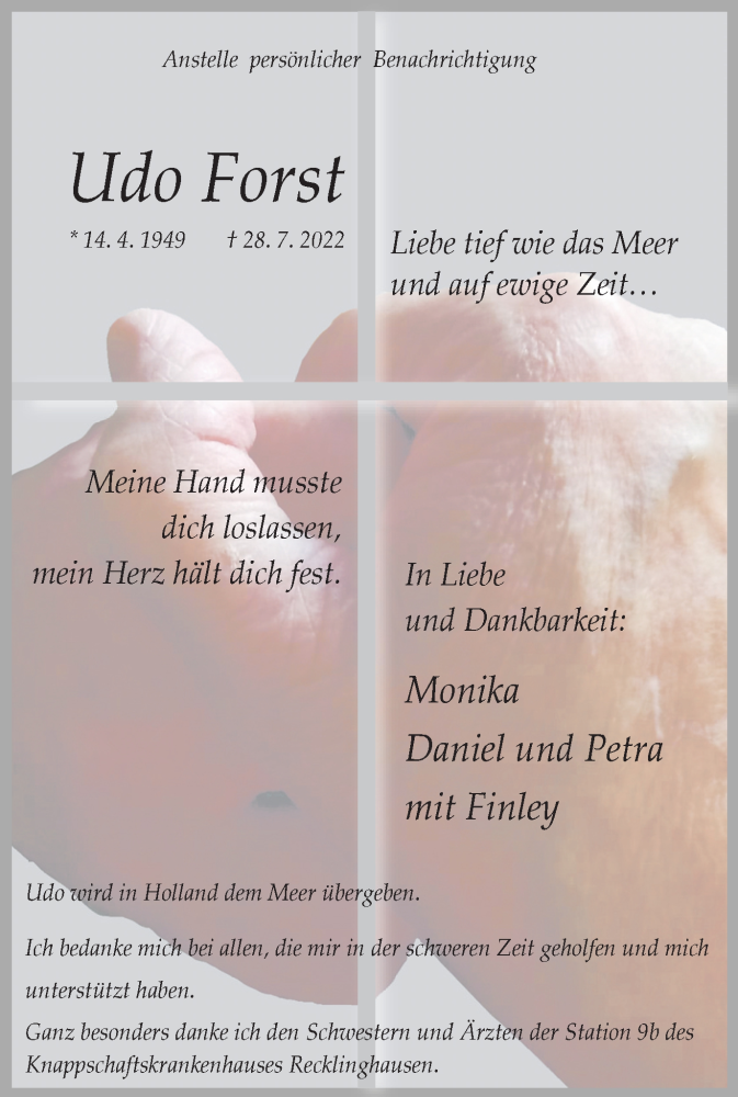  Traueranzeige für Udo Forst vom 13.08.2022 aus Medienhaus Bauer