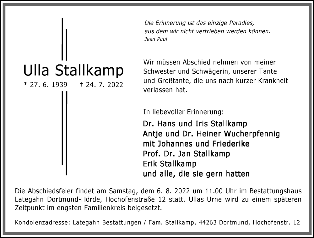  Traueranzeige für Ulla Stallkamp vom 03.08.2022 aus 
