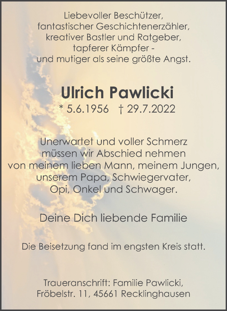  Traueranzeige für Ulrich Pawlicki vom 06.08.2022 aus Medienhaus Bauer