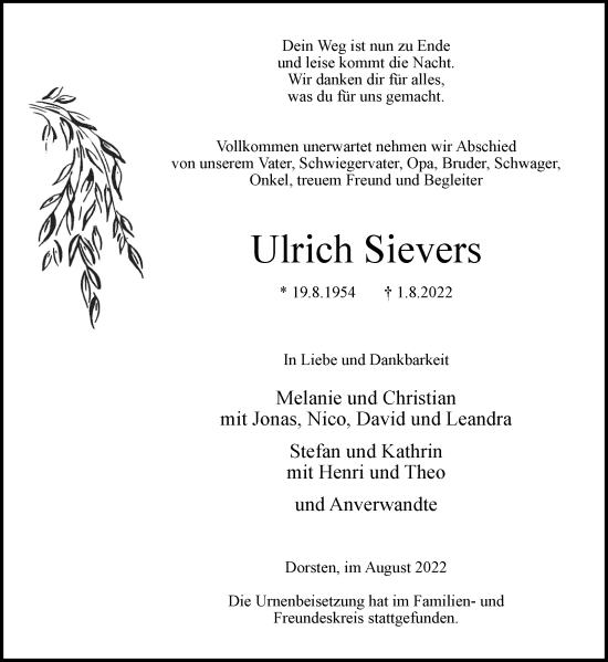 Traueranzeige von Ulrich Sievers von Ruhr Nachrichten und Dorstener Zeitung