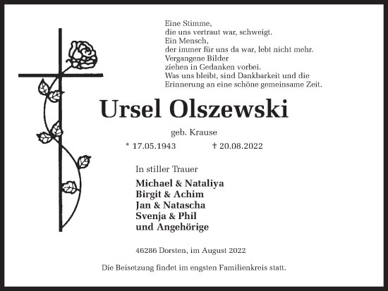 Traueranzeige von Ursel Olszewski von Ruhr Nachrichten und Dorstener Zeitung