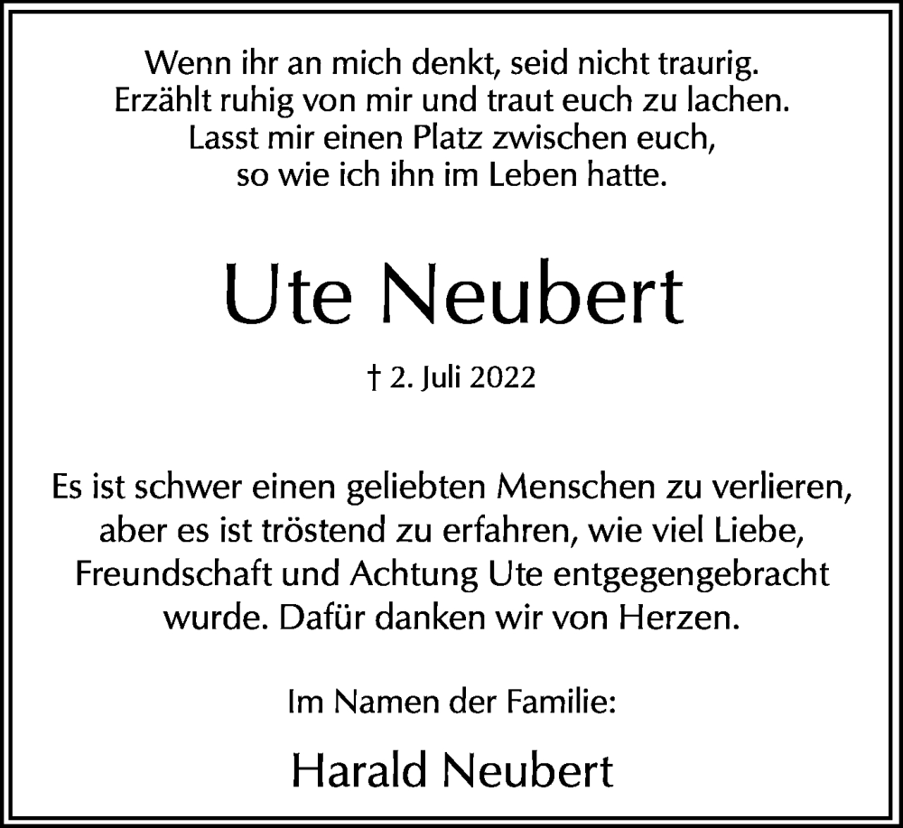  Traueranzeige für Ute Neubert vom 04.08.2022 aus Hellweger Anzeiger