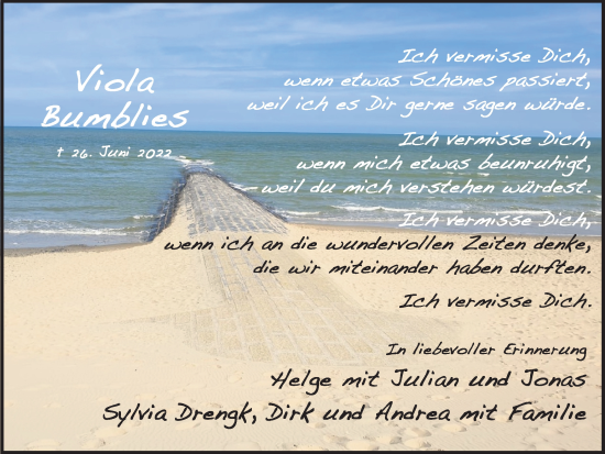 Traueranzeige von Viola Bumblies von Ruhr Nachrichten und Dorstener Zeitung