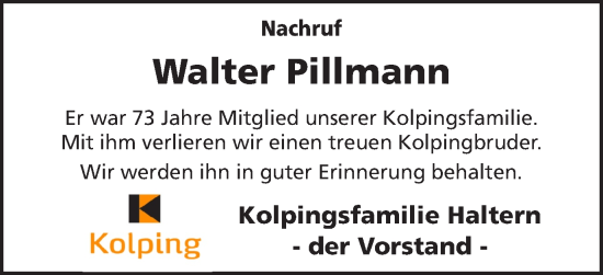 Traueranzeige von Walter Pillmann von Ruhr Nachrichten und Halterner Zeitung