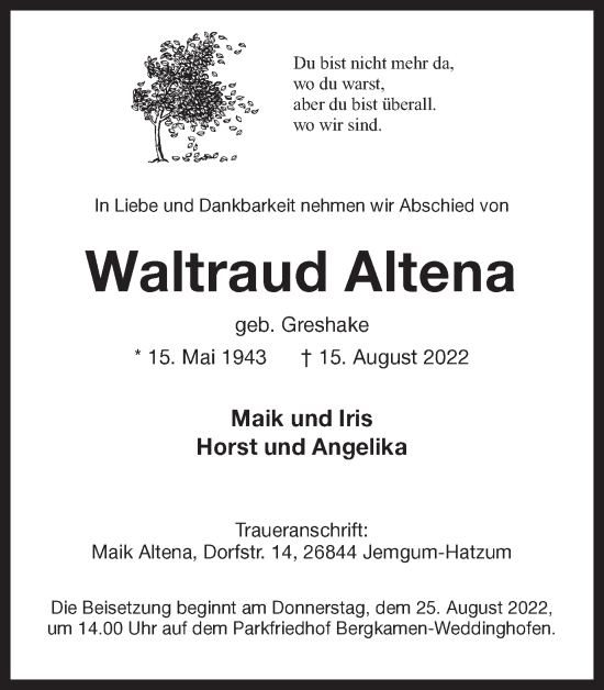 Traueranzeige von Waltraud Altena von Hellweger Anzeiger