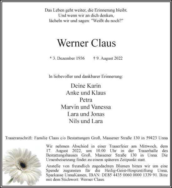 Traueranzeige von Werner Claus 