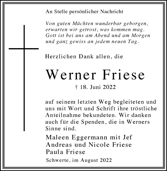 Traueranzeige von Werner Friese von Ruhr Nachrichten