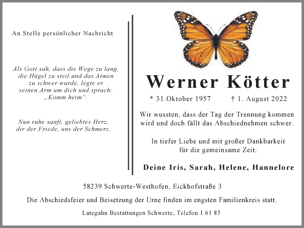  Traueranzeige für Werner Kötter vom 06.08.2022 aus 