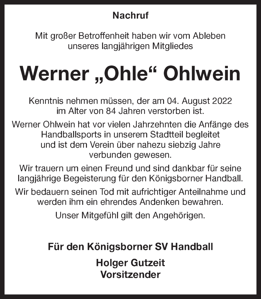  Traueranzeige für Werner Ohlwein vom 20.08.2022 aus Hellweger Anzeiger