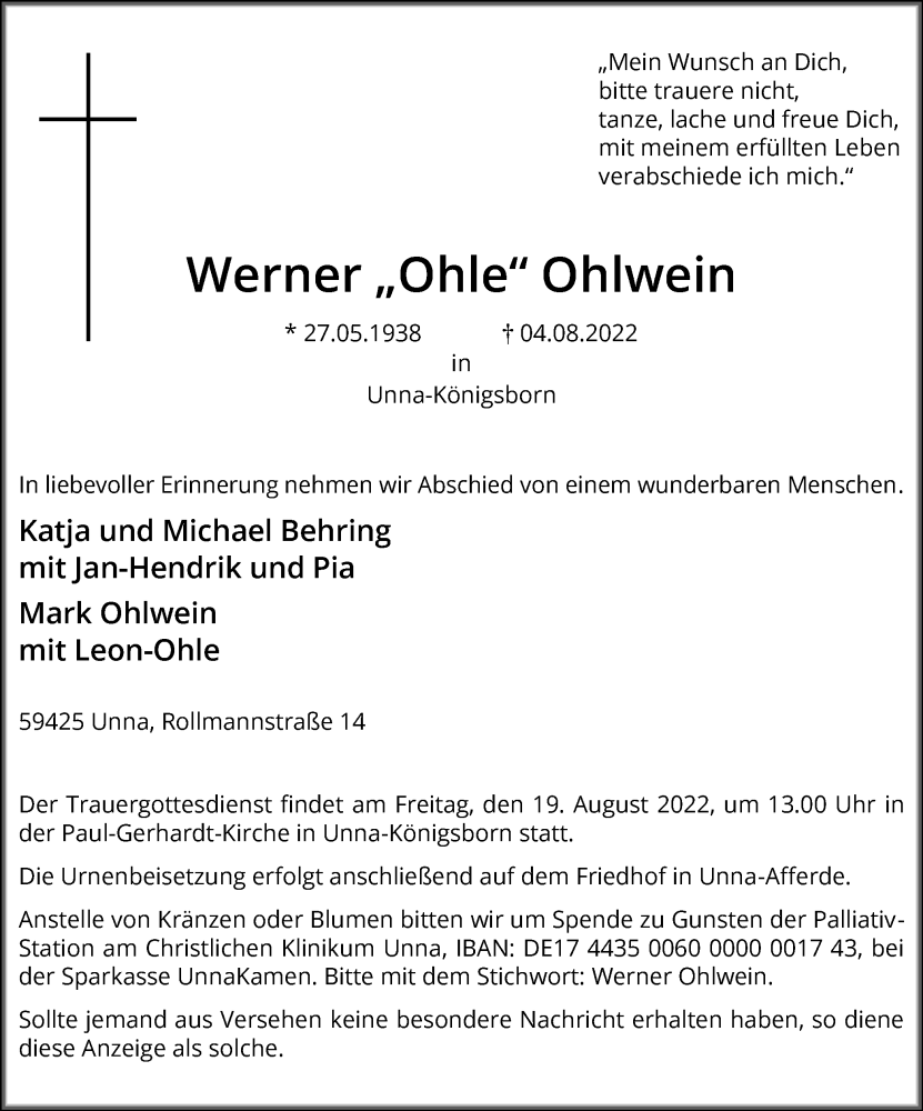  Traueranzeige für Werner Ohlwein vom 11.08.2022 aus Hellweger Anzeiger