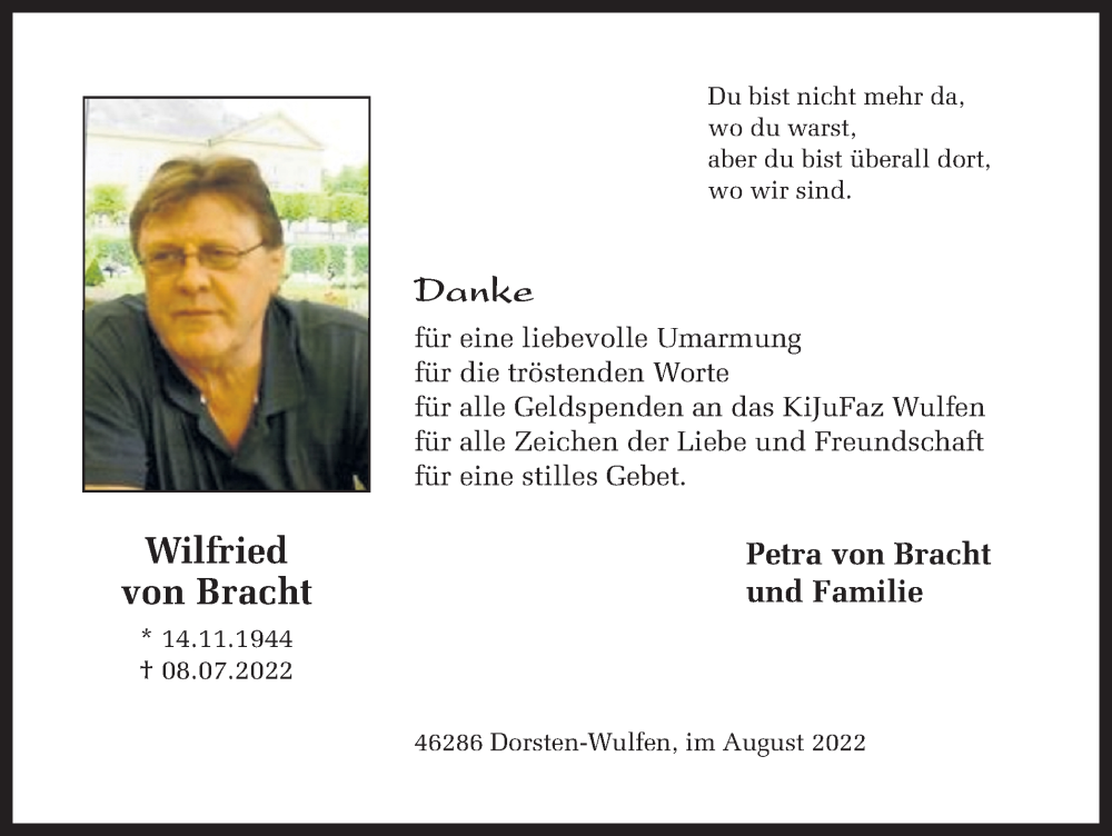  Traueranzeige für Wilfried von Bracht vom 05.08.2022 aus Ruhr Nachrichten und Dorstener Zeitung