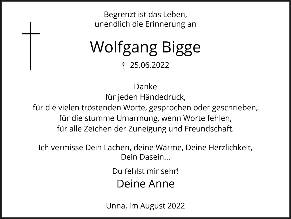  Traueranzeige für Wolfgang Bigge vom 06.08.2022 aus Hellweger Anzeiger