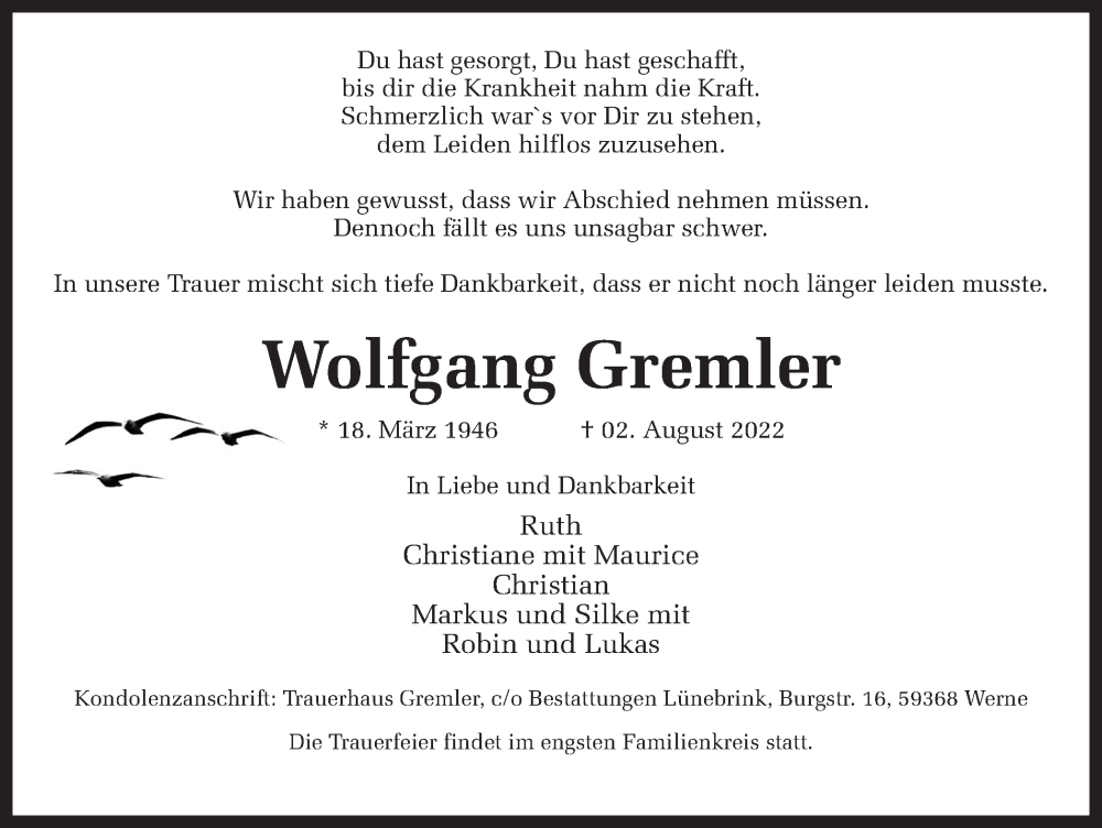  Traueranzeige für Wolfgang Gremler vom 06.08.2022 aus Ruhr Nachrichten