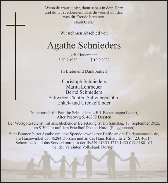 Traueranzeige von Agathe Schnieders von Ruhr Nachrichten und Dorstener Zeitung