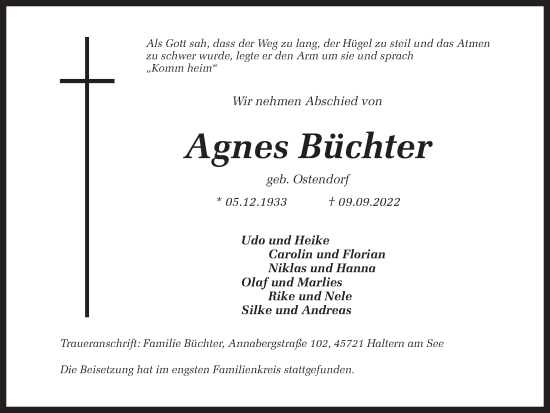Traueranzeige von Agnes Büchter 