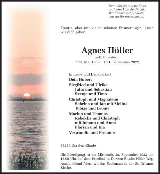Traueranzeige von Agnes Höller von Ruhr Nachrichten und Dorstener Zeitung