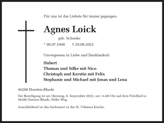 Traueranzeige von Agnes Loick von Ruhr Nachrichten und Dorstener Zeitung