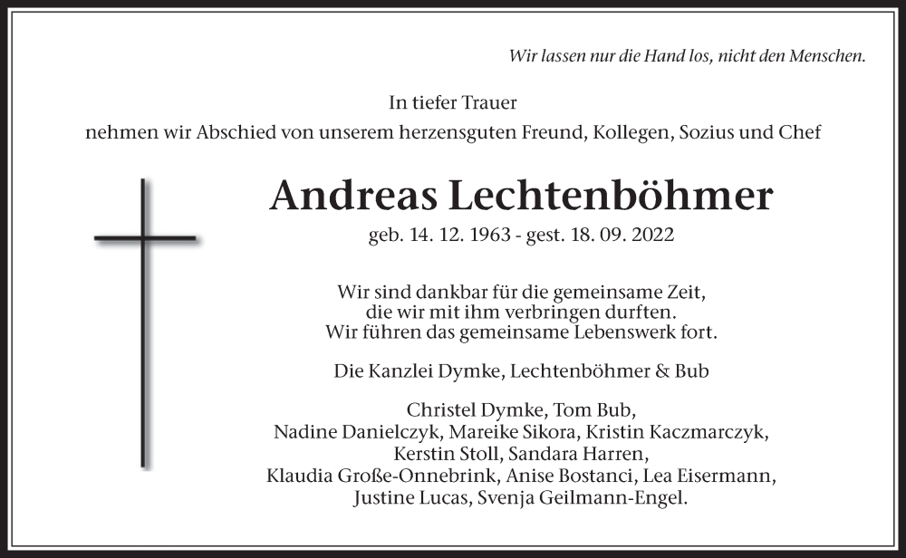  Traueranzeige für Andreas Lechtenböhmer vom 20.09.2022 aus Medienhaus Bauer