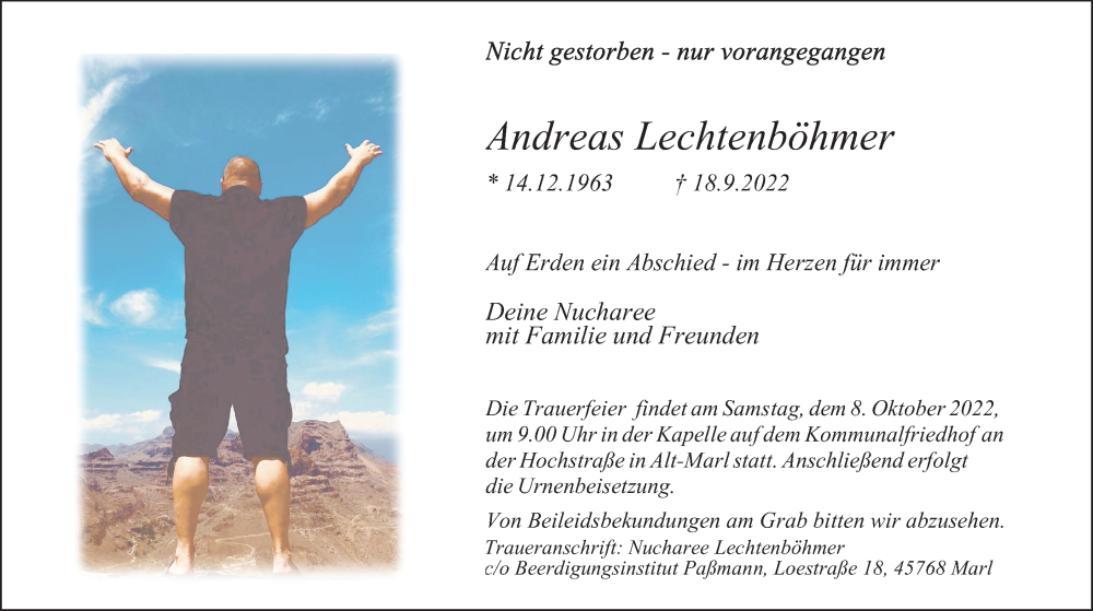  Traueranzeige für Andreas Lechtenböhmer vom 24.09.2022 aus Medienhaus Bauer