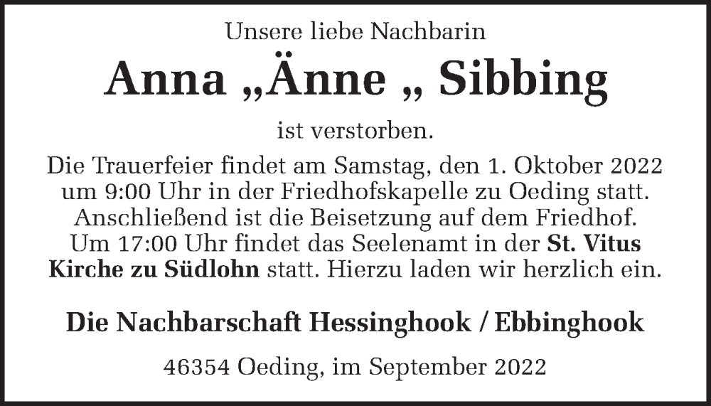  Traueranzeige für Anna Sibbing vom 29.09.2022 aus Münstersche Zeitung und Münsterland Zeitung