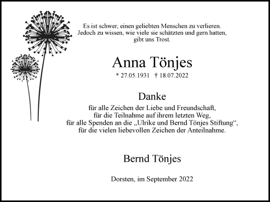 Traueranzeige von Anna Tönjes von Ruhr Nachrichten und Dorstener Zeitung
