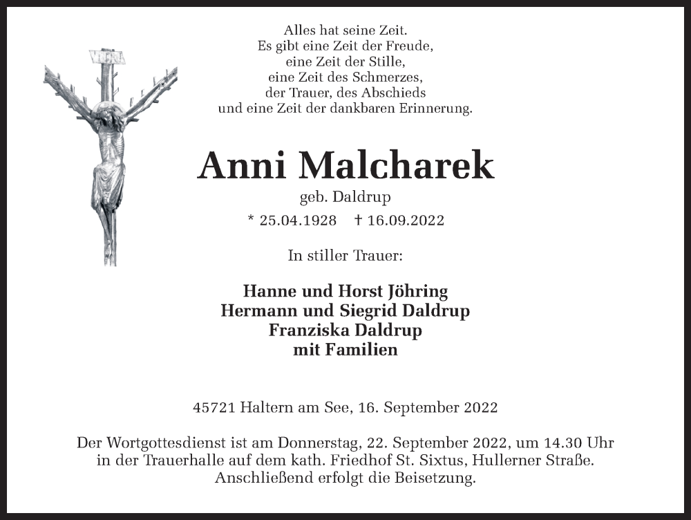  Traueranzeige für Anni Malcharek vom 20.09.2022 aus Ruhr Nachrichten und Halterner Zeitung