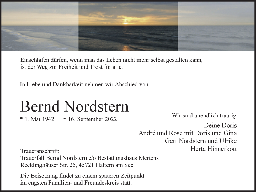  Traueranzeige für Bernd Nordstern vom 24.09.2022 aus Ruhr Nachrichten und Halterner Zeitung