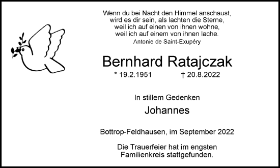 Traueranzeige von Bernhard Ratajczak von Ruhr Nachrichten und Dorstener Zeitung
