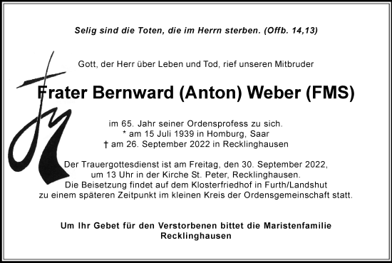 Traueranzeige von Bernward Weber von Medienhaus Bauer