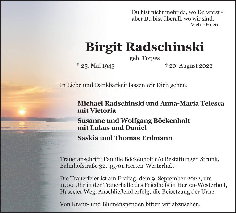  Traueranzeige für Birgit Radschinski vom 02.09.2022 aus Medienhaus Bauer