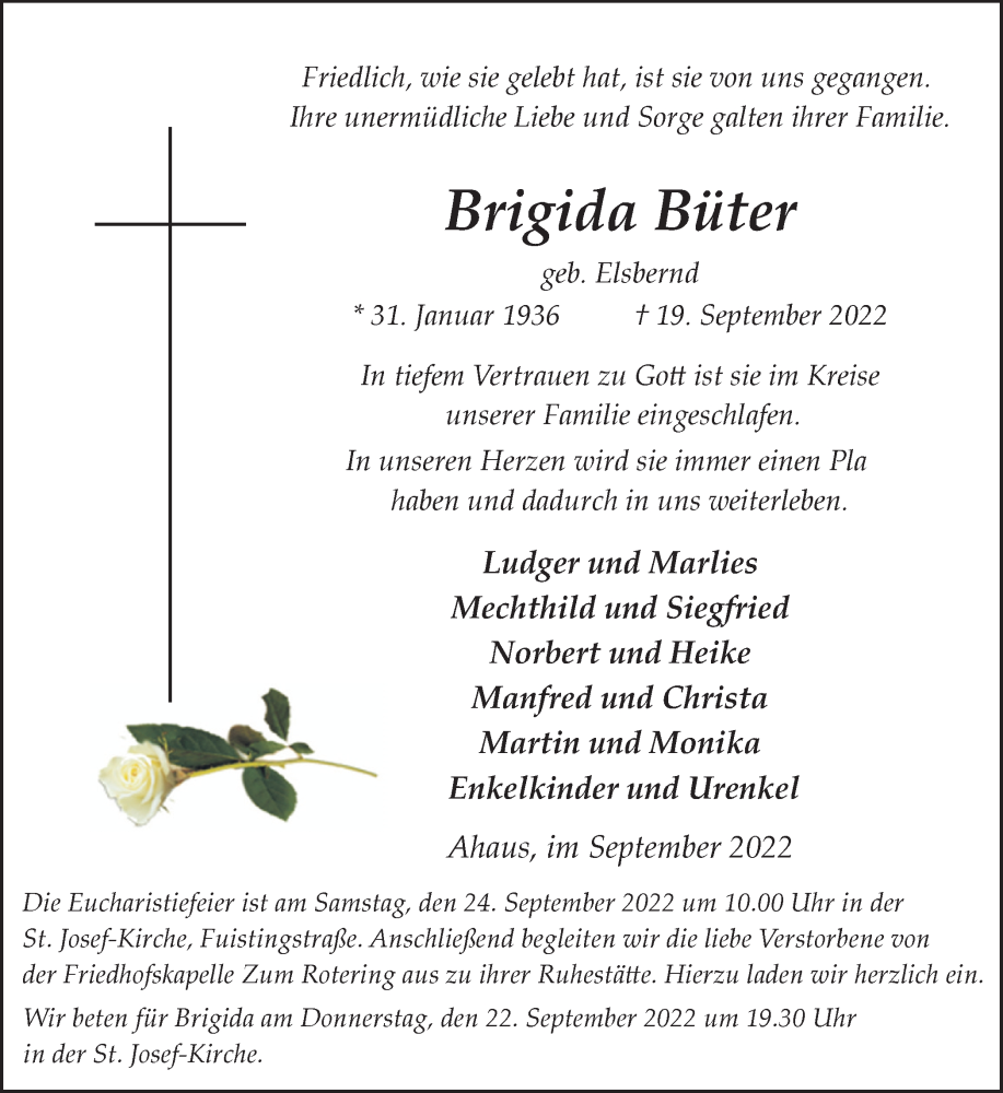  Traueranzeige für Brigida Büter vom 21.09.2022 aus Münstersche Zeitung und Münsterland Zeitung