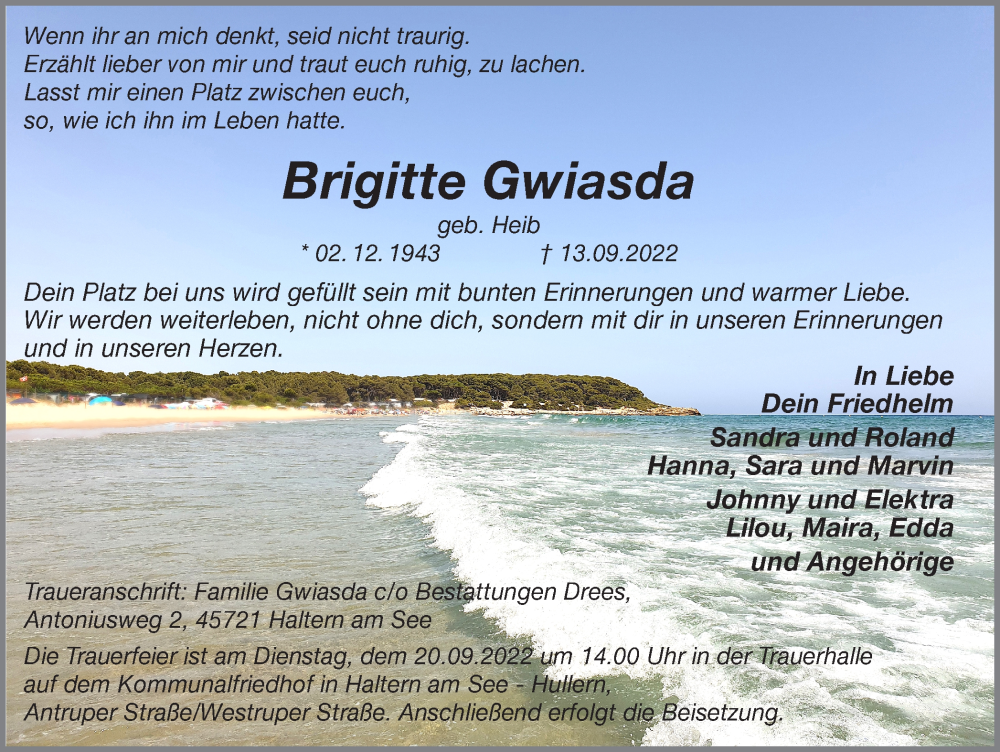  Traueranzeige für Brigitte Gwiasda vom 17.09.2022 aus Ruhr Nachrichten und Halterner Zeitung
