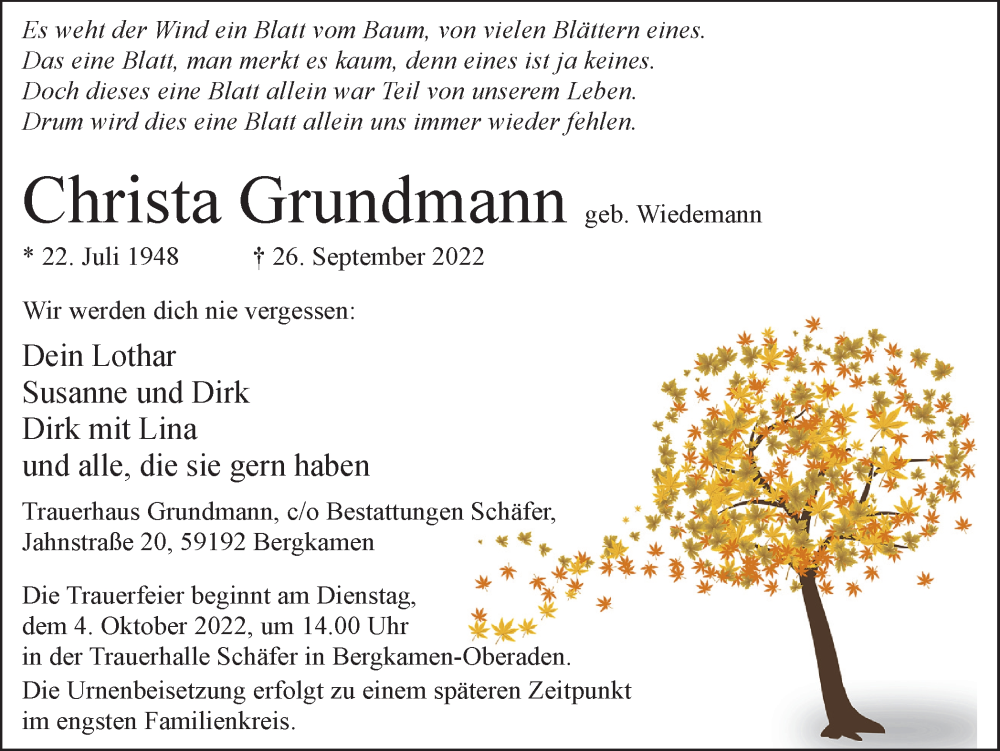  Traueranzeige für Christa Grundmann vom 29.09.2022 aus Hellweger Anzeiger